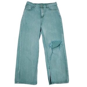 Shein Distressed Wide Leg Jeans L Green High Waist Ripped‎ Kneel Baggy Skater